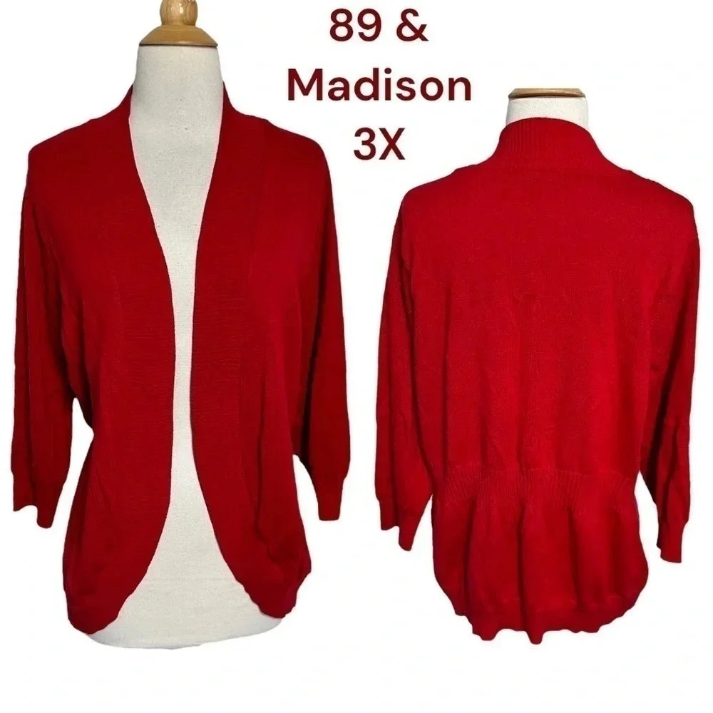 89th‎ & Madison Cardigan 3X Red Open Front 3/4 Sleeve Ribbed Trim Plus Size
